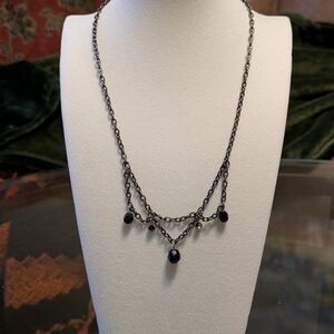 Vintage Gothic Black Crystal And Oxidized Silver Tone Triple Drop Necklace